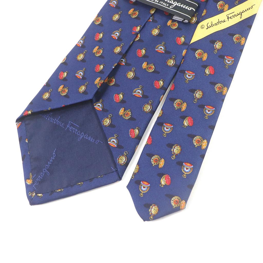 Salvatore Ferragamo tie Pocket watch all-over pattern wide tie Navy silk mens Used