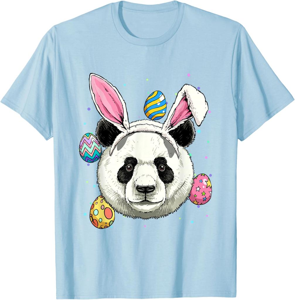 Panda Easter Bunny Ears Eggs Graphic Print Cotton Round Neck T-Shirt Casual Trip Tee