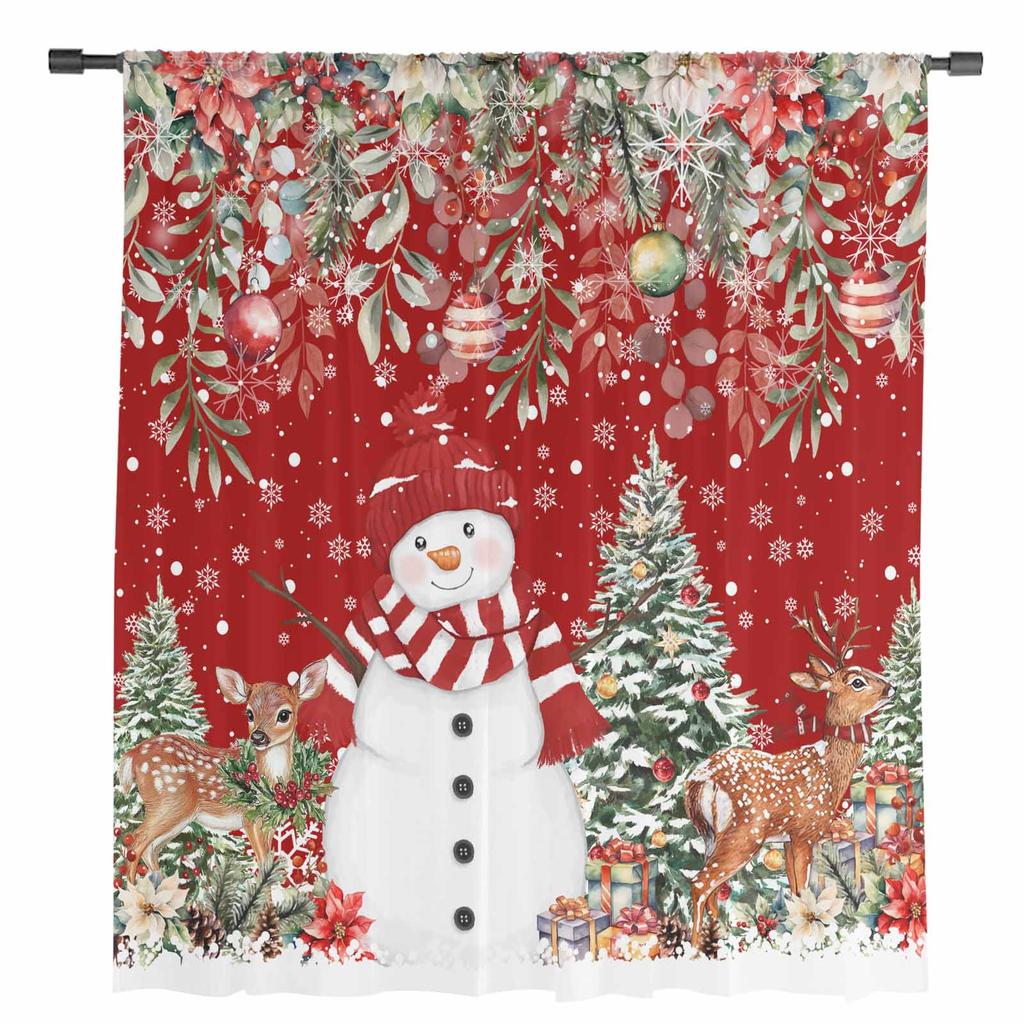 Christmas Ball Snowman Snowflake Deer Poinsettia Sheer Curtains Bedroom Decoration Window Curtains Kitchen Tulle Voile Curtains