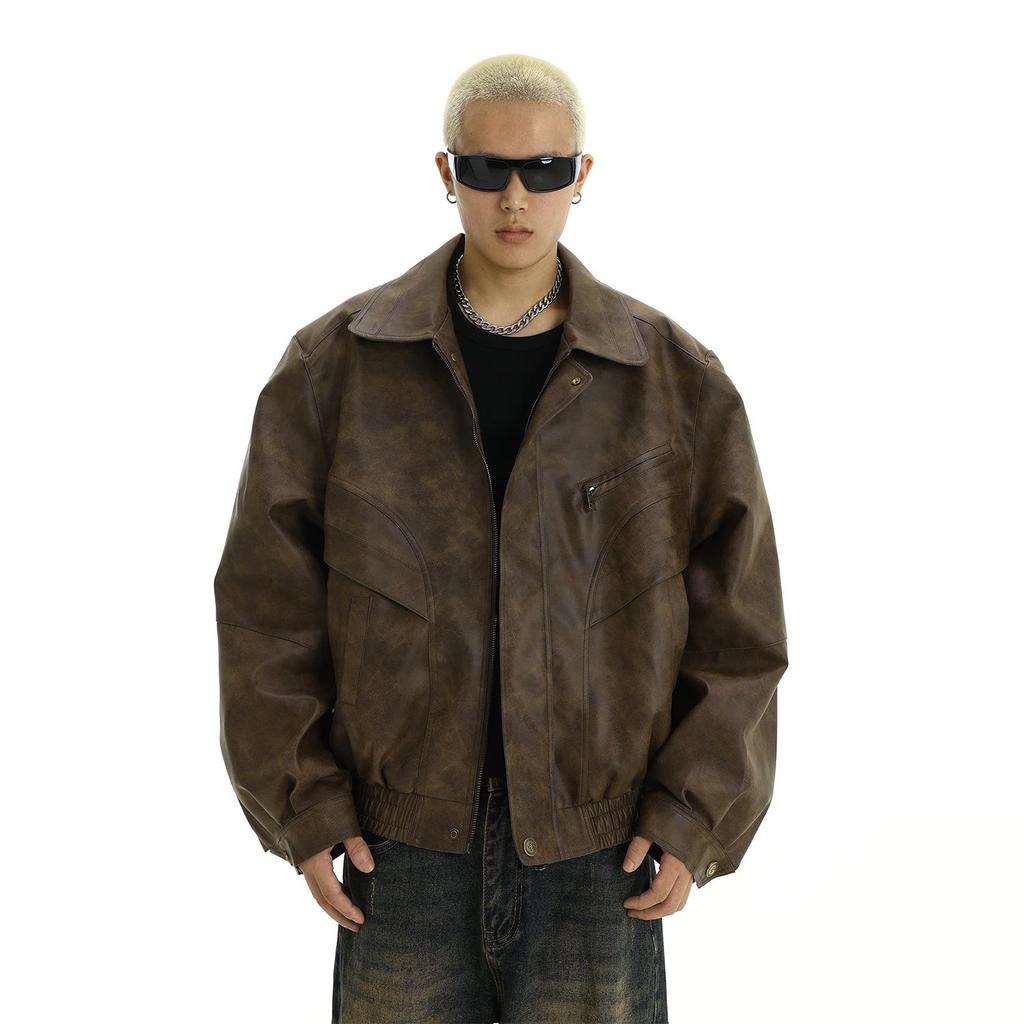 Men's Trendy Retro Brown Distressed Leather Jacket - Cool Design, Casual Lapel, Perfect for Couples