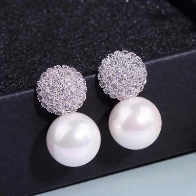 Huitan Temperament Women's Imitation Pearl Earrings with Bling Bling CZ Silver Color Statement Earrings Party Fashion