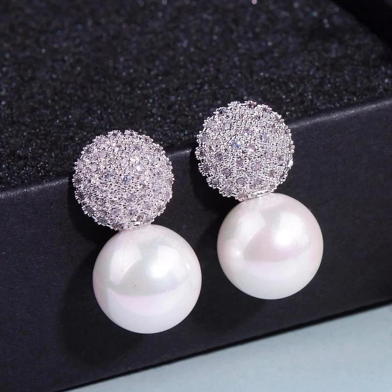 Huitan Temperament Women's Imitation Pearl Earrings with Bling Bling CZ Silver Color Statement Earrings Party Fashion