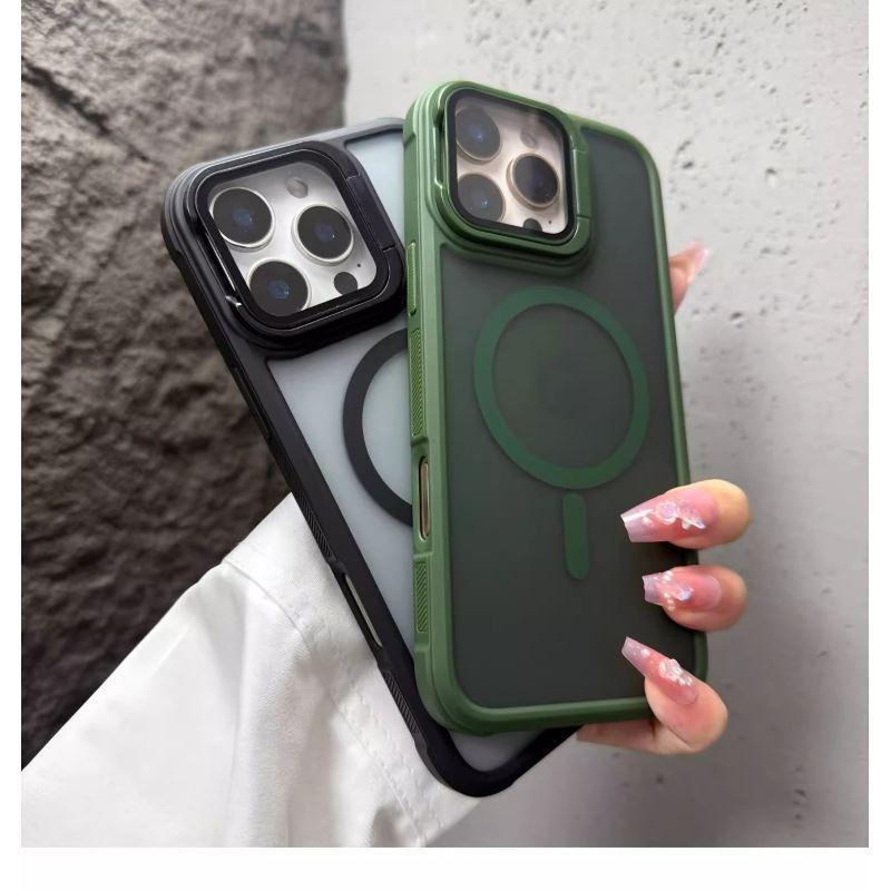 Fashion Bracket Stand Magnetic Phone Case for iPhone 16 15 14 Plus 13 12 16 Pro Max With Lens Protection Cover for Magsafe Cover