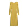 Spring 2026: Spicy Round Neck Long-Sleeve High-Slit Dress - Waist-Cinched, Solid Color, Hip-Hugging Design for Women