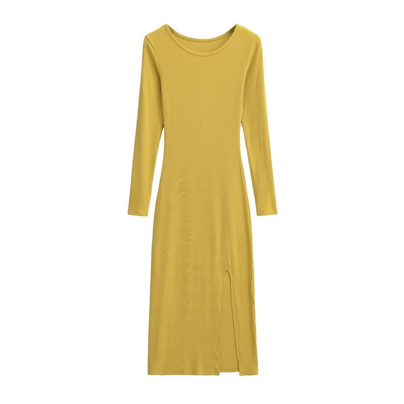 Spring 2026: Spicy Round Neck Long-Sleeve High-Slit Dress - Waist-Cinched, Solid Color, Hip-Hugging Design for Women