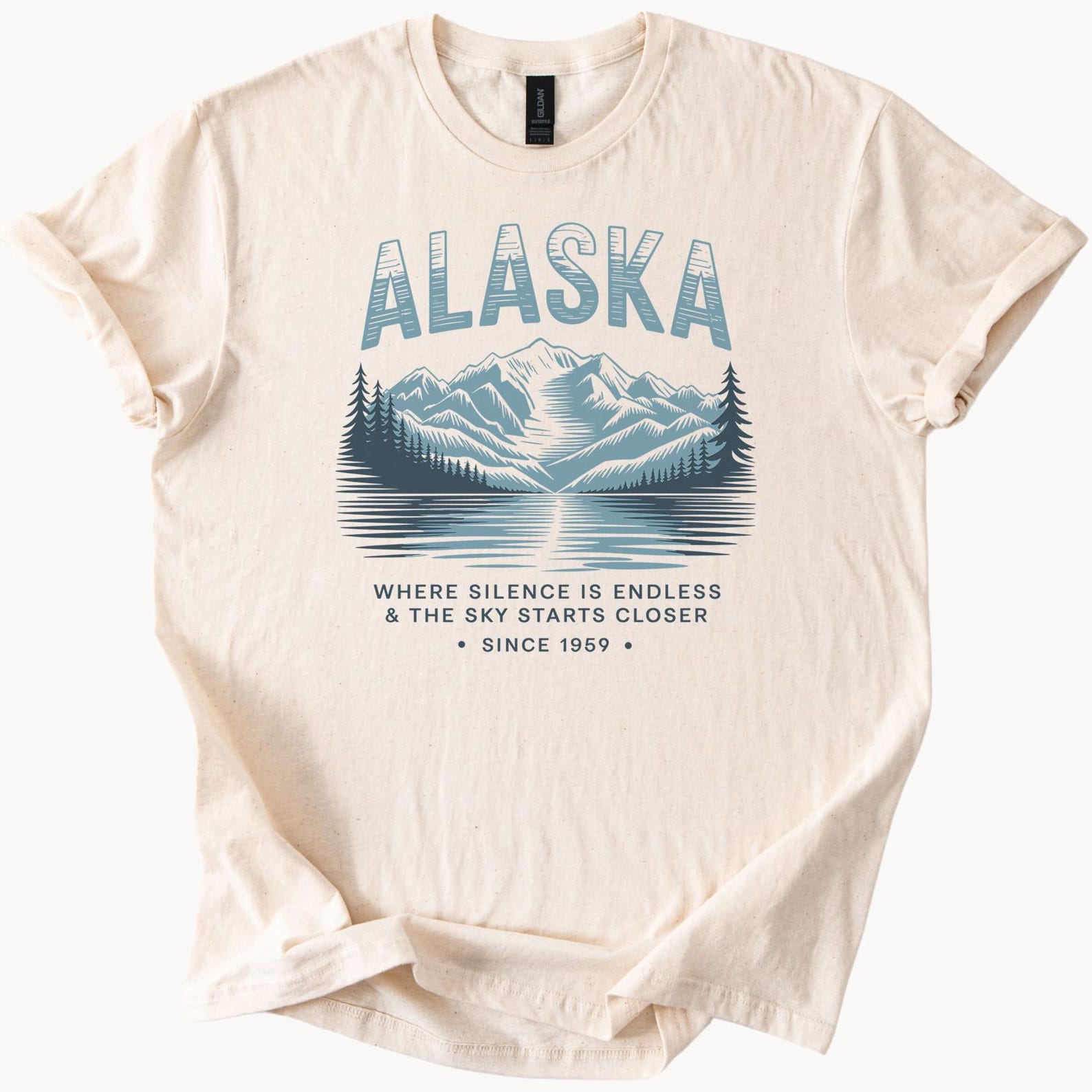 Alaska Mountains Graphic T Shirt Nature Landscape Tee Wilderness Scenic Outdoors Hiking Adventure Shirt Where Silence Is Endless 1959 110