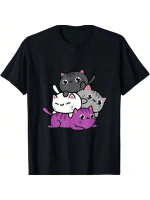 Kawaii Cat Pile Sexless Pride Pattern Wounisex's T-Shirt Printed Fashion Short Sleeve Summer Casual Harajuku Cotton Clothing
