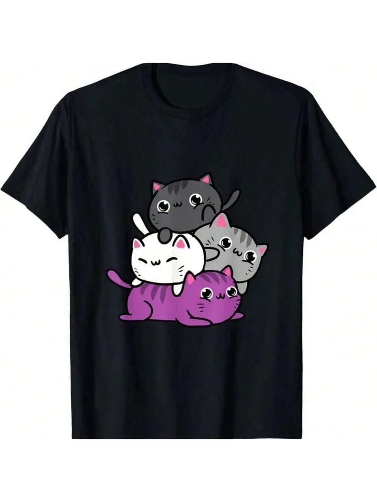 Kawaii Cat Pile Sexless Pride Pattern Wounisex's T-Shirt Printed Fashion Short Sleeve Summer Casual Harajuku Cotton Clothing