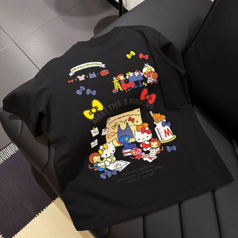 

European Goods 2025 Spring New Arrival Color Bow Letters Print Mid Length Long Length Casual Fun Younger Short Sleeve T-shirt for Women Black M