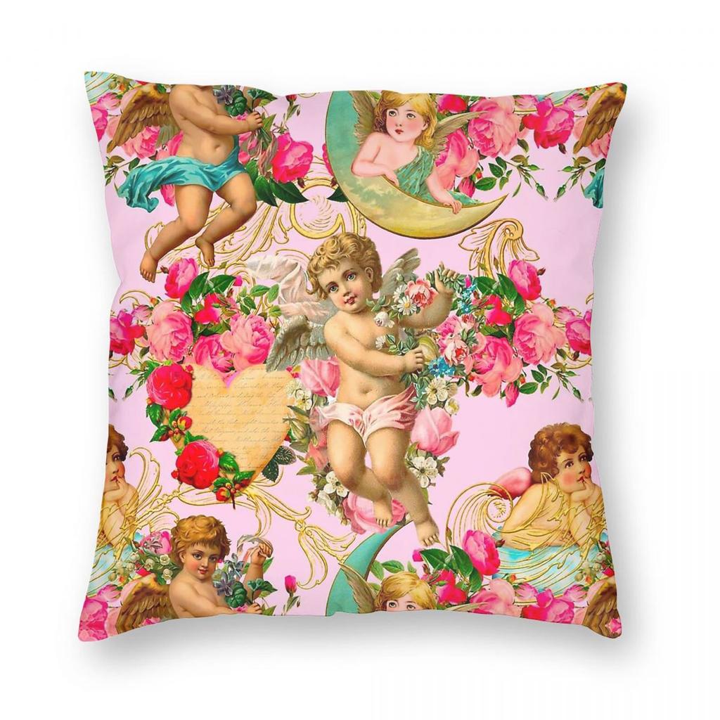 Engel Verschnörkelte Barockmotive Quadratischer Kissenbezug Polyester Leinen Samt Muster Dekorative Kissenhülle Sofasitzer Kissenbezug