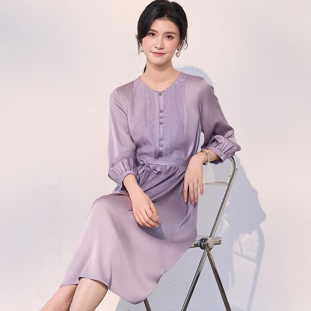 [Double Qiao Crown Le Crepe Splicing] Spring and Summer New Round Neck Medium length Shoulder Concealed Waist for Slimming Mulberry Silk Dress