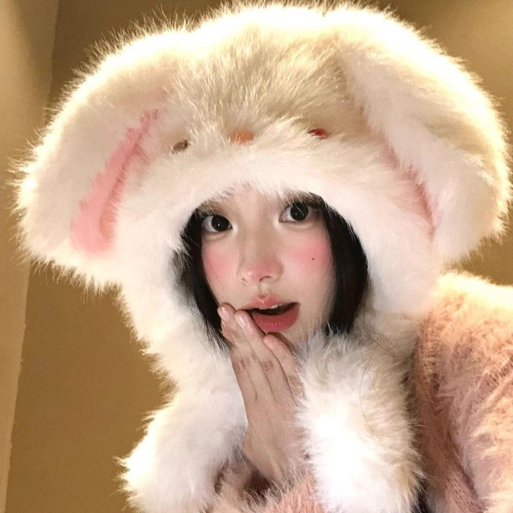 Thickened Rabbit Ear Hat Moving Ears Cartoon Animal Hat New Plush Winter Hat Cold Weather