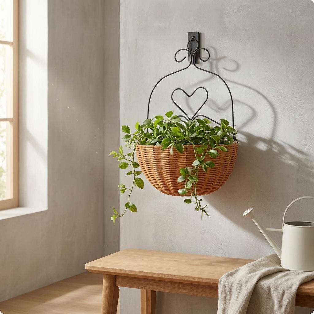 WallHanging Flower Basket Metal Frame FauxRattan Hanging Heart Accent Planter Clear Liner