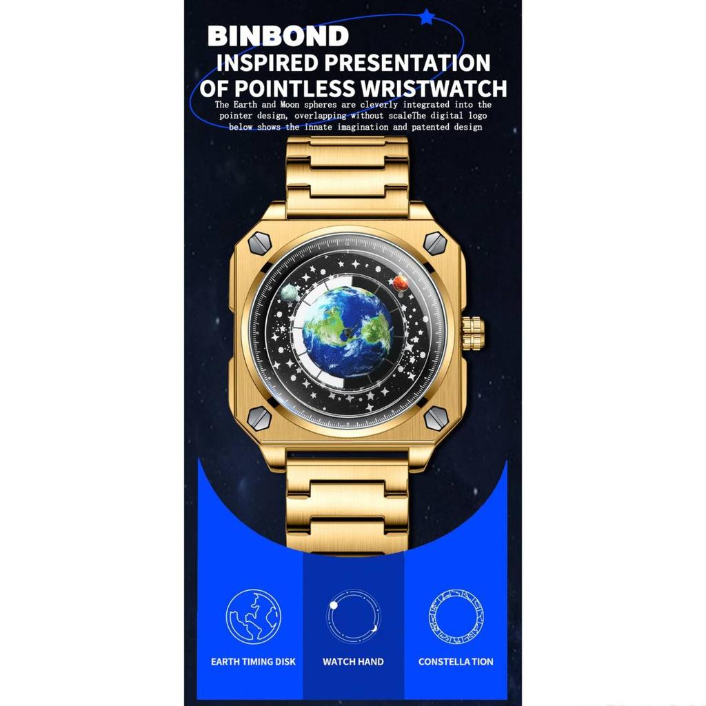 Concept Wandering Earth Pattern Watch Herren-Armbanduhr, quadratisch, blauer Planet, drehbar, Edelstahl, wasserdicht, Quarzuhrwerk