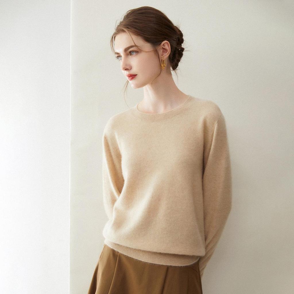 100% Pure Cashmere Women's Loose Round Neck Sweater - Versatile Knitwear for Autumn/Winter