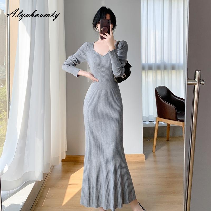 

Элегантное модное осенне-зимнее женское миди-теплое платье-свитер с V-образным вырезом, черное, серое, цвета хаки, трикотажное платье с длинным рукавом, женственное трикотажное платье One Size чёрный