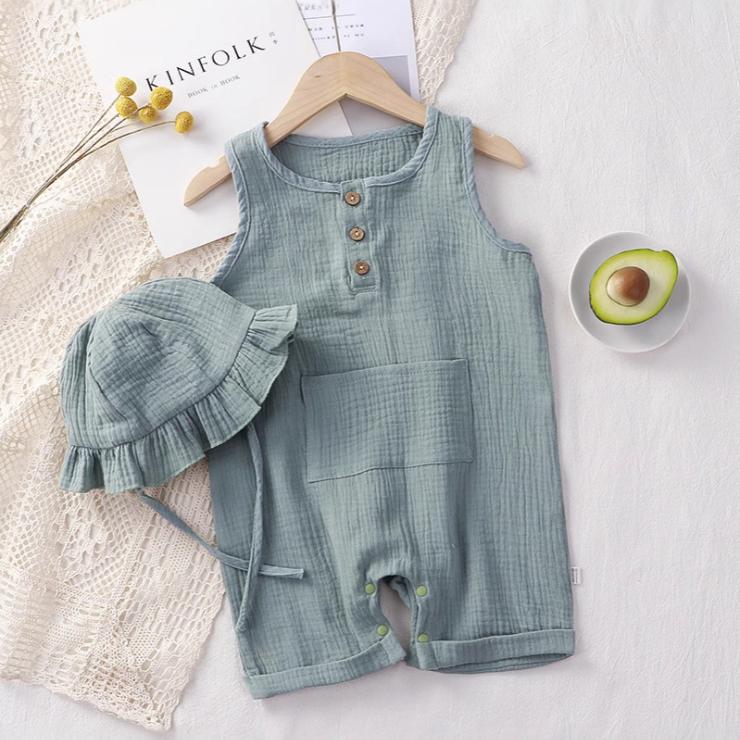 Musselina verão macacão de bebê com chapéu algodão macio bebê menina menino roupas sem mangas criança macacão infantil roupas recém-nascidos