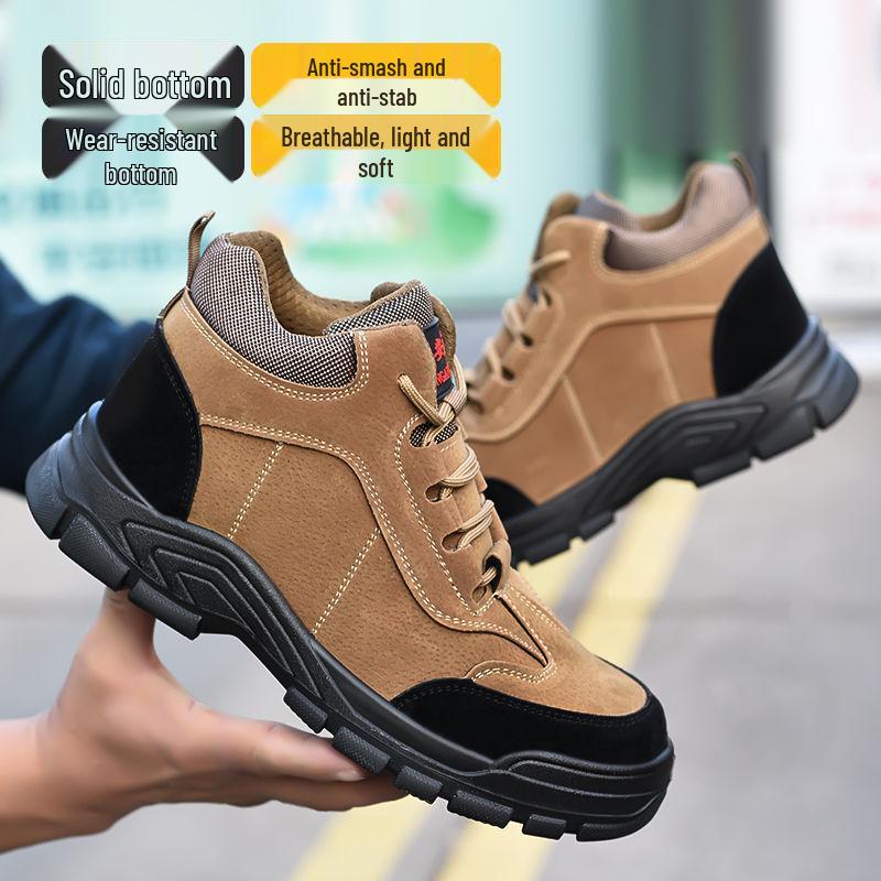 Men's Steel Toe Safety Work Shoes: Solid Bottom, Anti-Smash, Anti-Puncture, Lightweight, Wear-Resistant, Thick Sole, High-Top Protection.