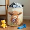 Cute Round Laundry Basket With Highland Cow Design | Foldable Polyester Storage Box With Black Handle, Ideal For Clothes, Miscellaneous Items, Bathroo