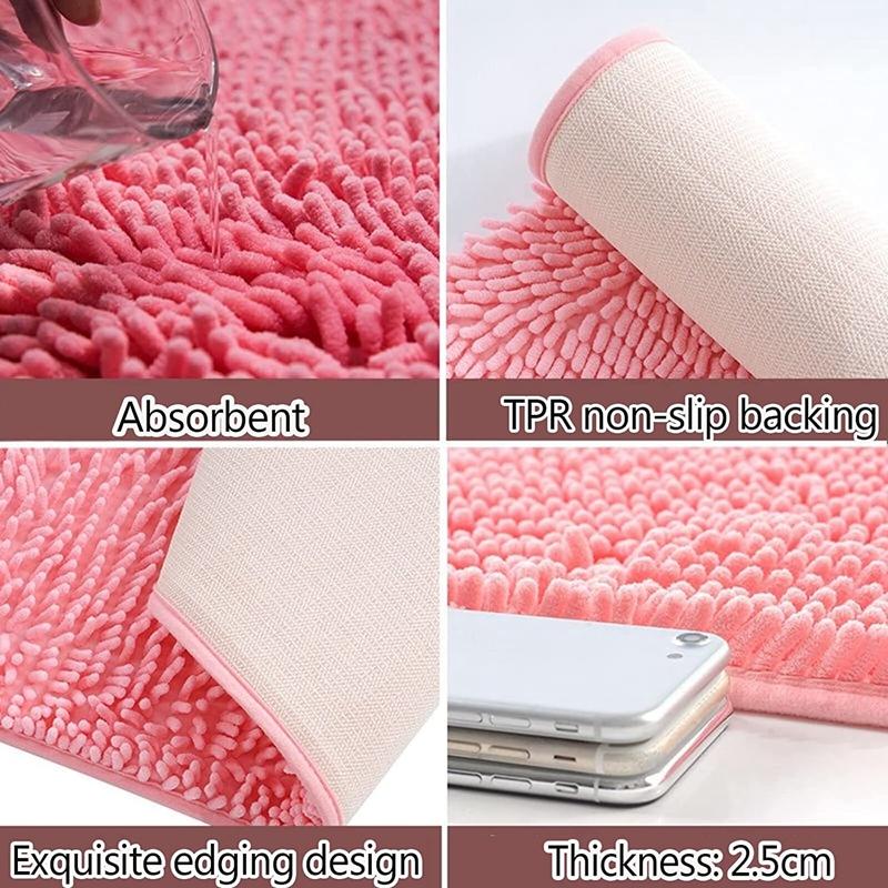 Inyahome Non-Slip Shaggy Chenille Half Round Bathroom Rug Soft Microfibers Bath Mat with Water Absorbent Machine Washable Blue