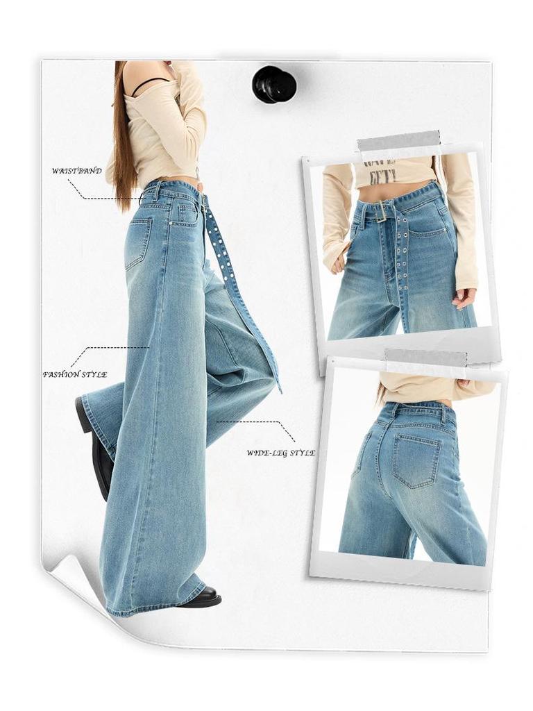 Women's High-Waisted Retro Wide-Leg Jeans, Spring/Autumn Style, Elastic, Loose Fit
