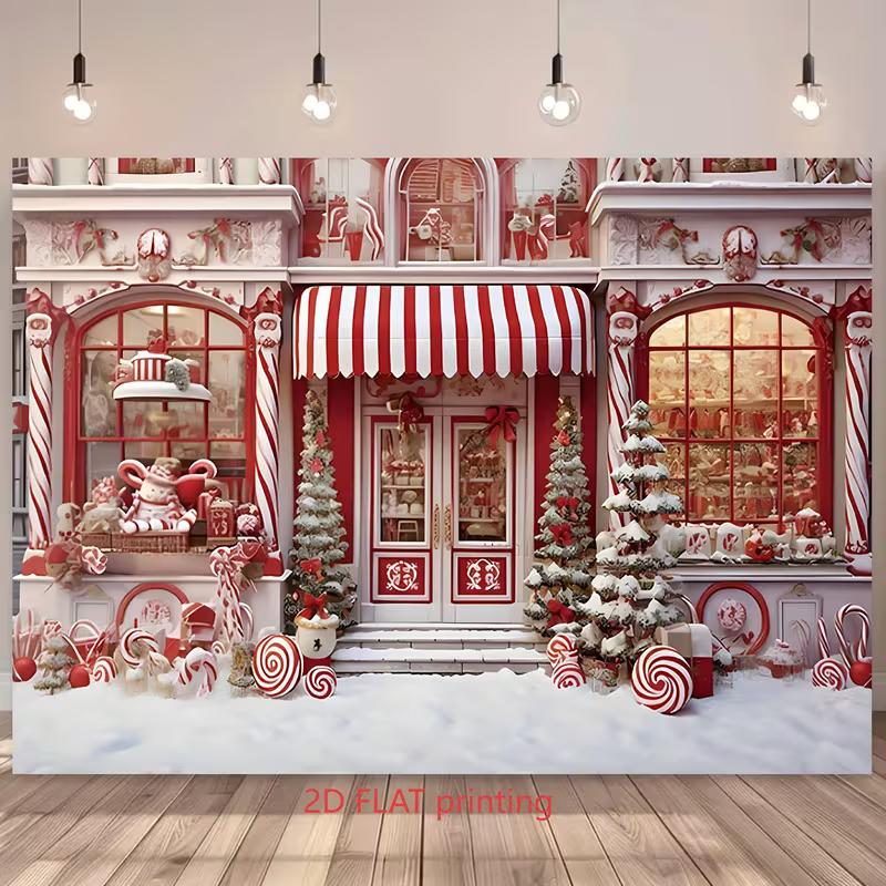 

2D Christmas Candy Shop Backdrop, Red White Peppermint House Photography Background 47.2x31.5inch/120*80cm