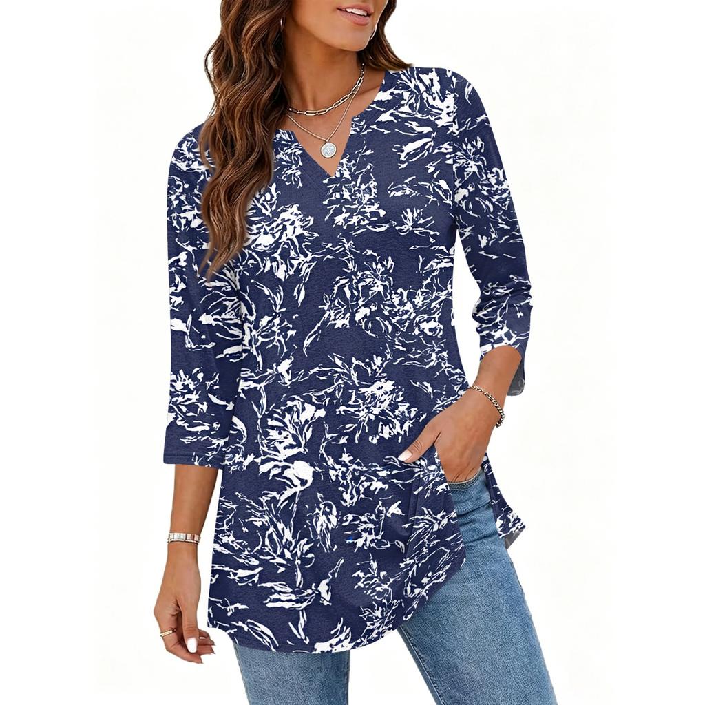 Womens Casual V Neck 3/4 Sleeve Pullover Tunic Top Floral Print Mid Length Blouse Lightweight Comfortable Fit