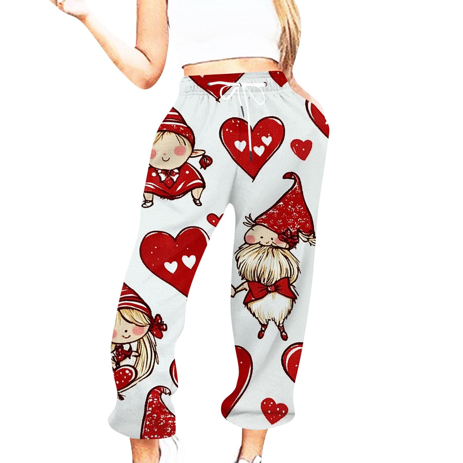 

Жіноча повсякденна мода на День Святого Валентина Повсякденні штани з принтом Спортивні штани Штани на шнурку з еластичною талією Штани на шнурку на шнурку XL білий