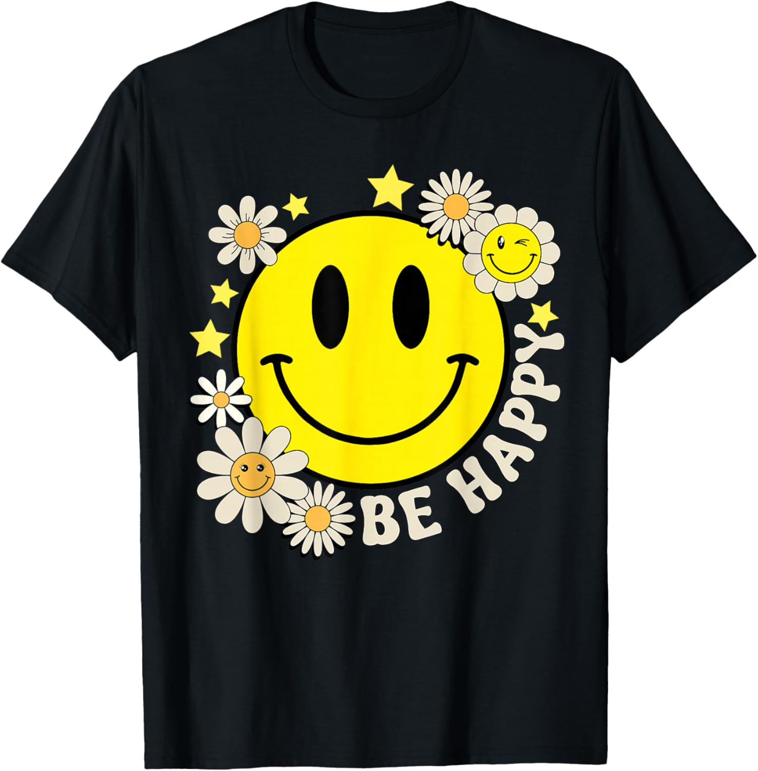 Retro Groovy Be Happy Smile Face Daisy Flower 70s T-Shirt S