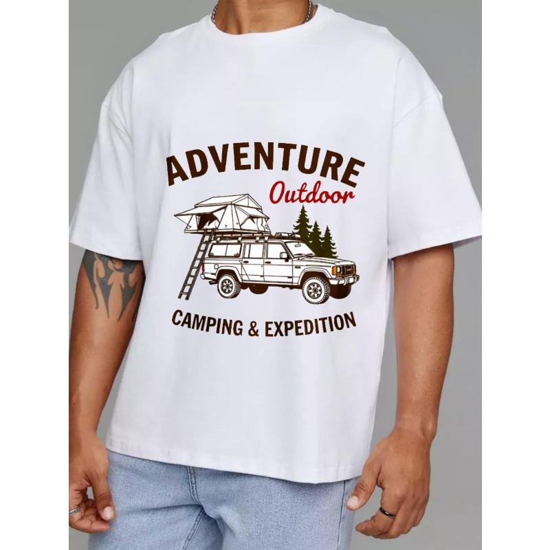 Adventure Outdoor Camping Expedition T Shirt White Car with Roof Tent and Trees Print for Outdoor Activities