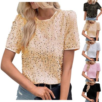 Modische, lockere, kurzärmlige Rundhalsoberteile für Damen mit Pailletten-T-Shirts zum Pendeln