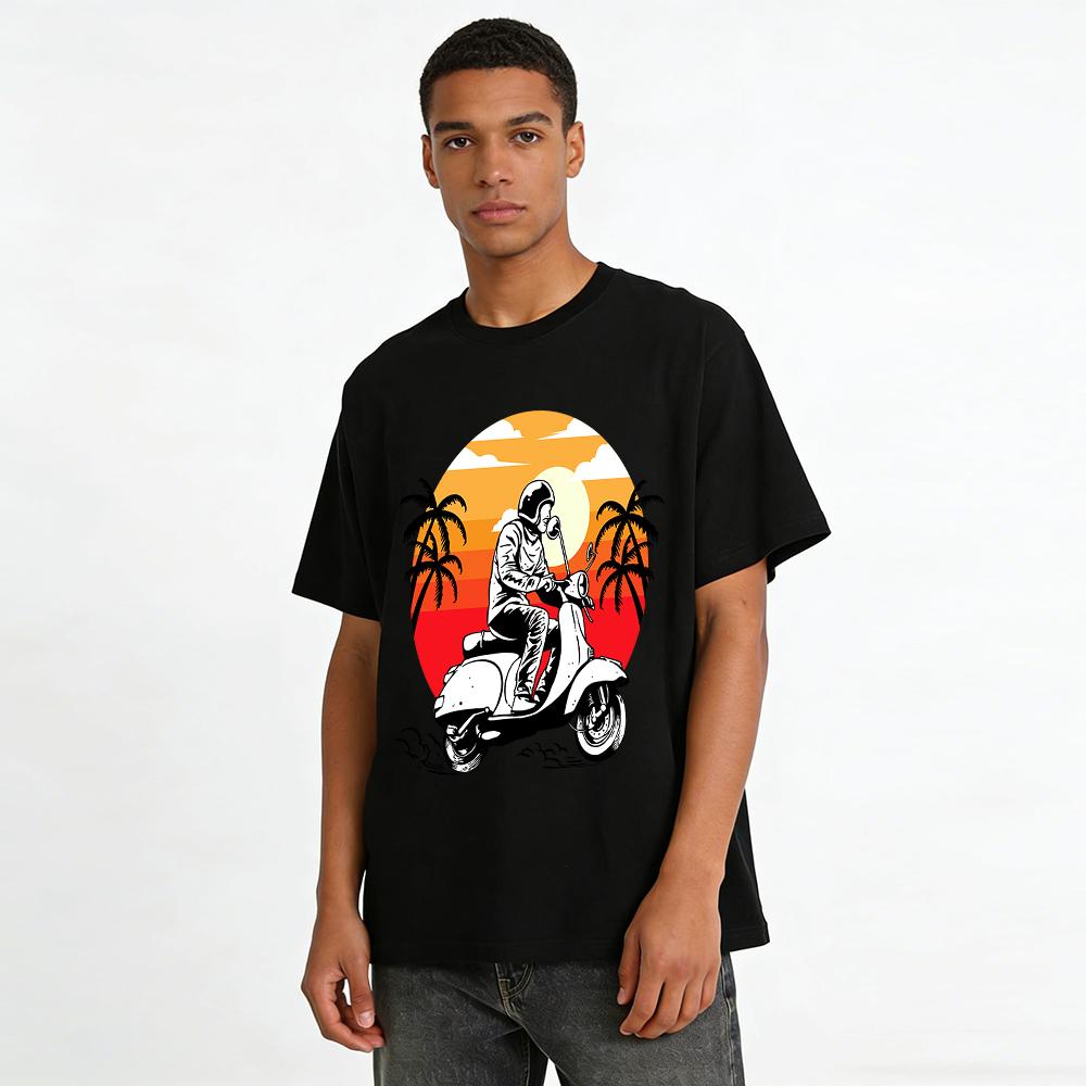 Retro Sunset Palm Tree Scooter Print Casual T-Shirt Pure cotton T-shirt