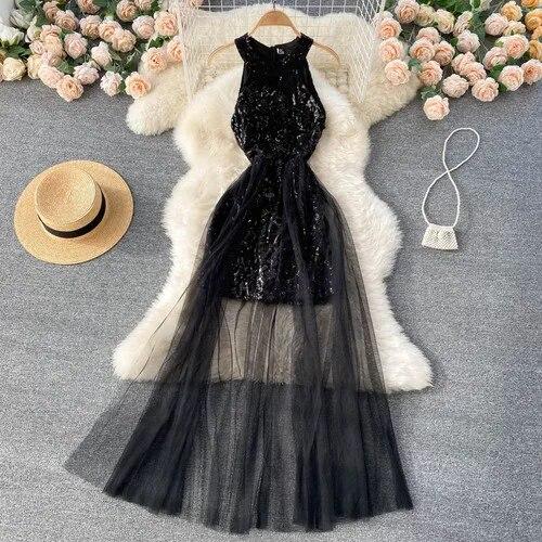 Sexy Sequin Patchwork Mesh Halter Dress Chic Elegant Evening Party Luxury Robe Women High Waist Slim Ceremonial  Dress