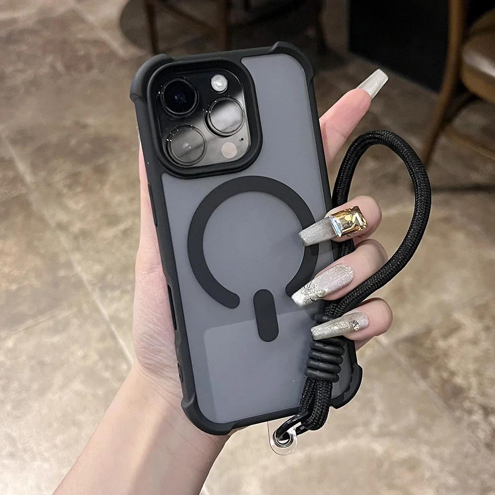 Matte Shockproof Armor For Magsafe Wireless Charge Case for iPhone 17 16 15 14 Plus 13 12 11 Pro Max Clear Wrist Strap Cover