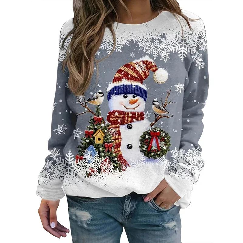 Christmas Snowman 3D Printed Sweatshirt Women's Fashion Casual Street Style Crew Neck Hoodie Y2k Pullover Harajuku Style Top Wom