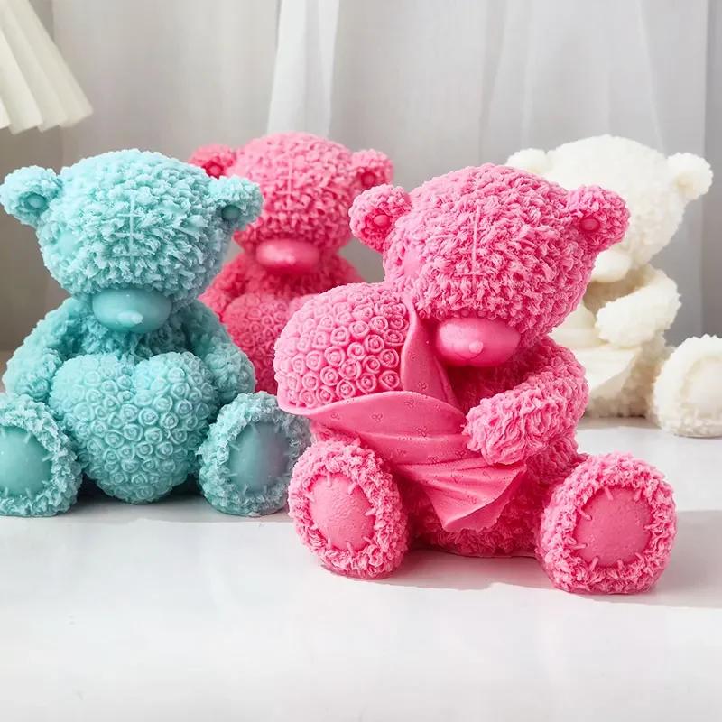 Top Quality Large Silicone Mold for Plush Bears Heart-Shaped Bear & Floral-Bear Candle Valentine's Day Cake Decoration Mold