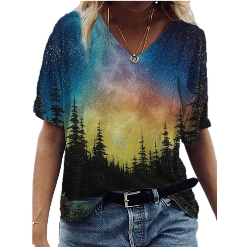 Loose V-neck Short Sleeved Summer Youth Women's 3D Printed T-shirt