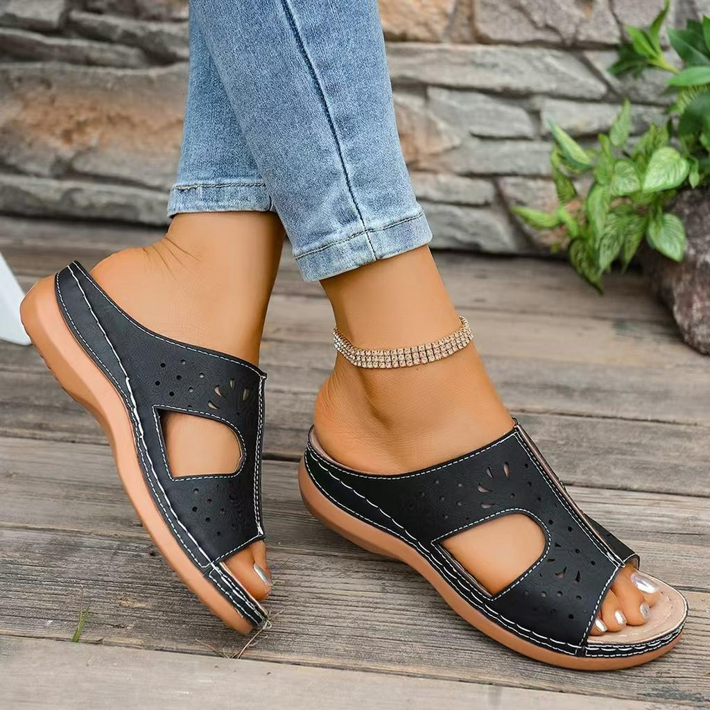 Retro Round Head Women's Sandals Simple Solid Color Peep Toe Wedges Shoes Fashion Casual Beach Vacation Slippers