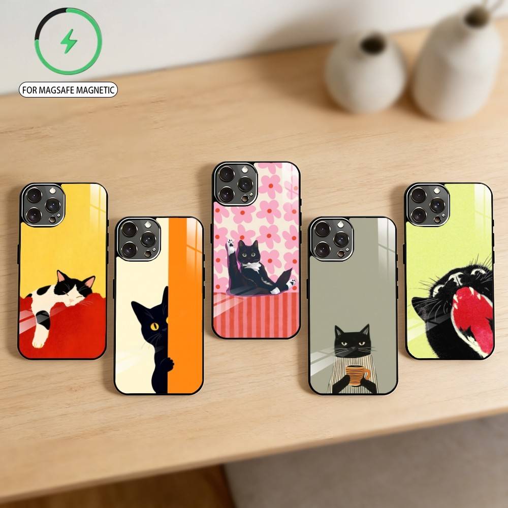 C-Cute Black White Cat Phone Case For iPhone17,16,15,14,13,12,11 Plus,Pro Max Magnetic For Magsafe Wireless Charging