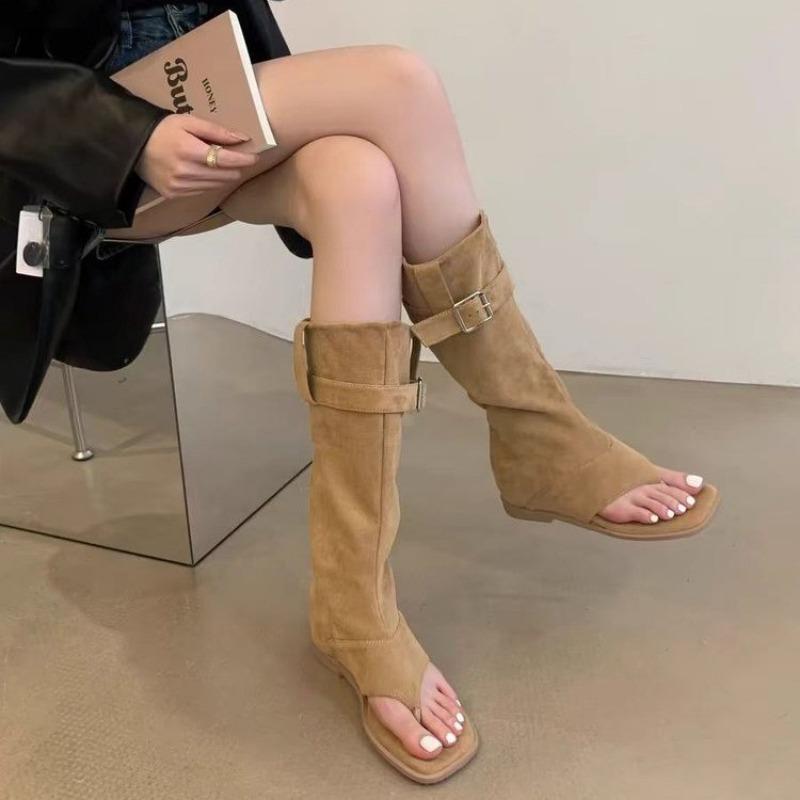 Fashion Spring New Cool Boots Women Fashion Square Head Suede Clip Toe Metal Buckle Slip-on Wear-resistant High Flat Shoes