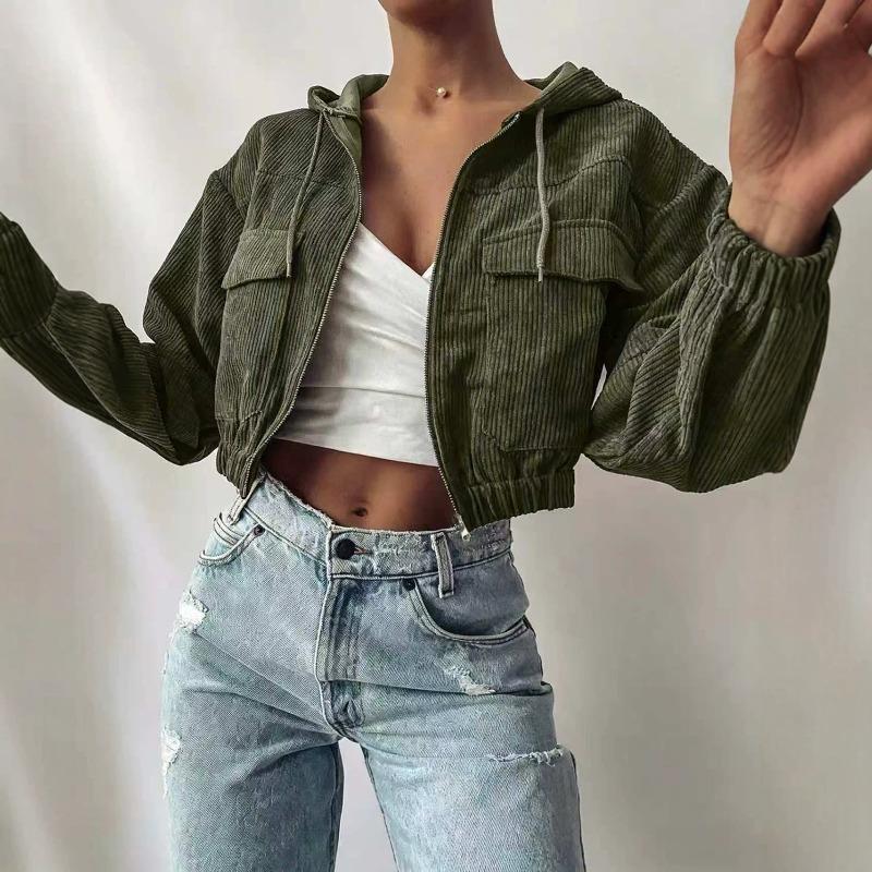 Women's Solid Color Core Fleece Hooded Drawstring Zipper Bubble Long Sleeve Short Jacket