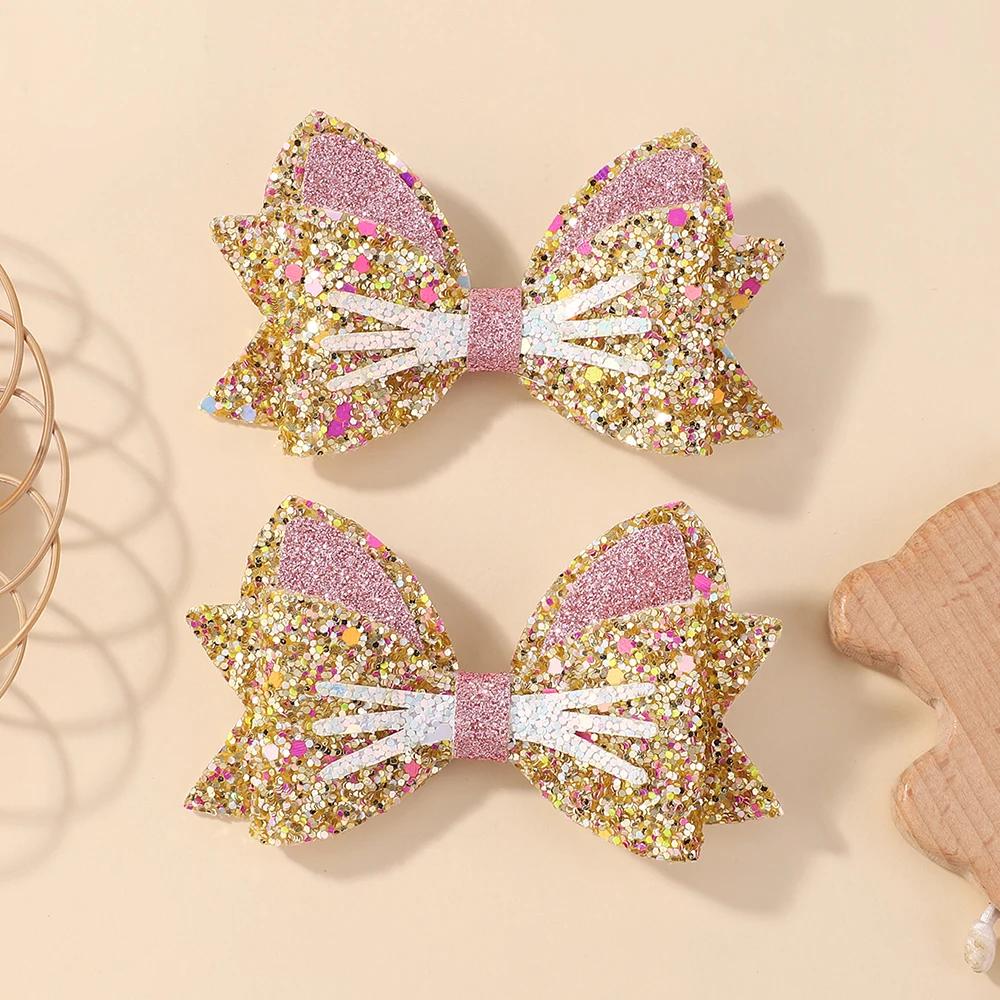 

2pcs/set Lovely Colorful Sequin Bows Cat Hair Clip for Baby Girls Cartoon Animals Hairpins Barrettes Headwear Hair Accessories