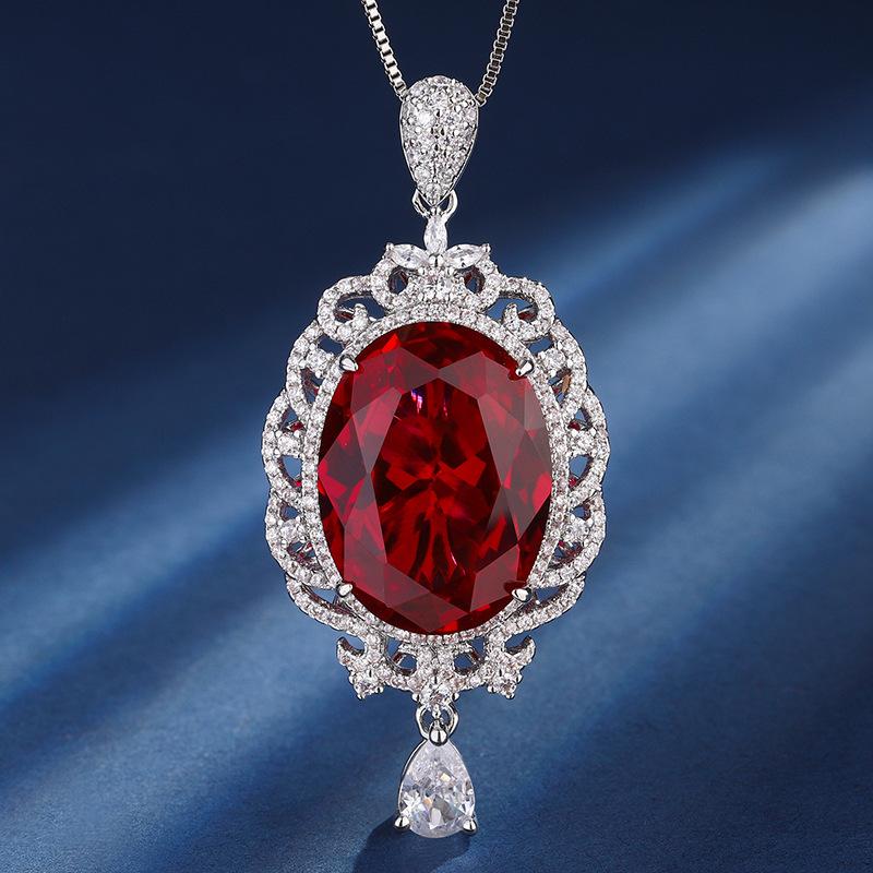 Jewelry Copper Bottom Gold-Plated Simulation Color Treasure Fashion Retro Pendant Necklace Big Dan Shape Main Stone 15 * 20