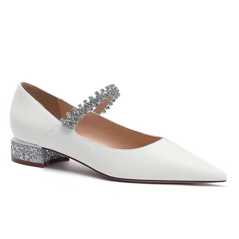 Cowhide Version~ Beautiful Small Heels, Genuine Leather Rhinestone Thick Heel, Single Shoes, Women's Spring Pointed Shoes, Mary Jane Flats, Ladyshoes.