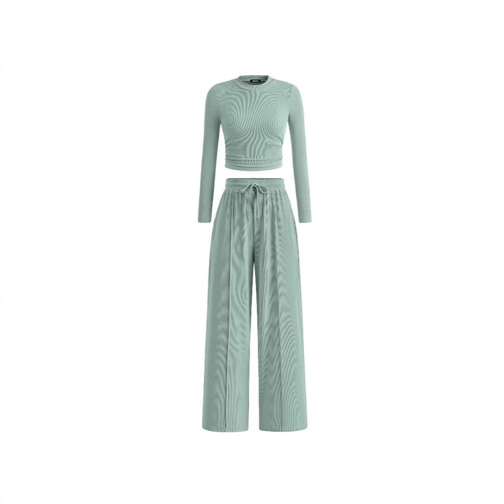 Women's One-piece Set Ribbed Knit Long-sleeve Short Top Wide-leg Pants Casual Loungewear