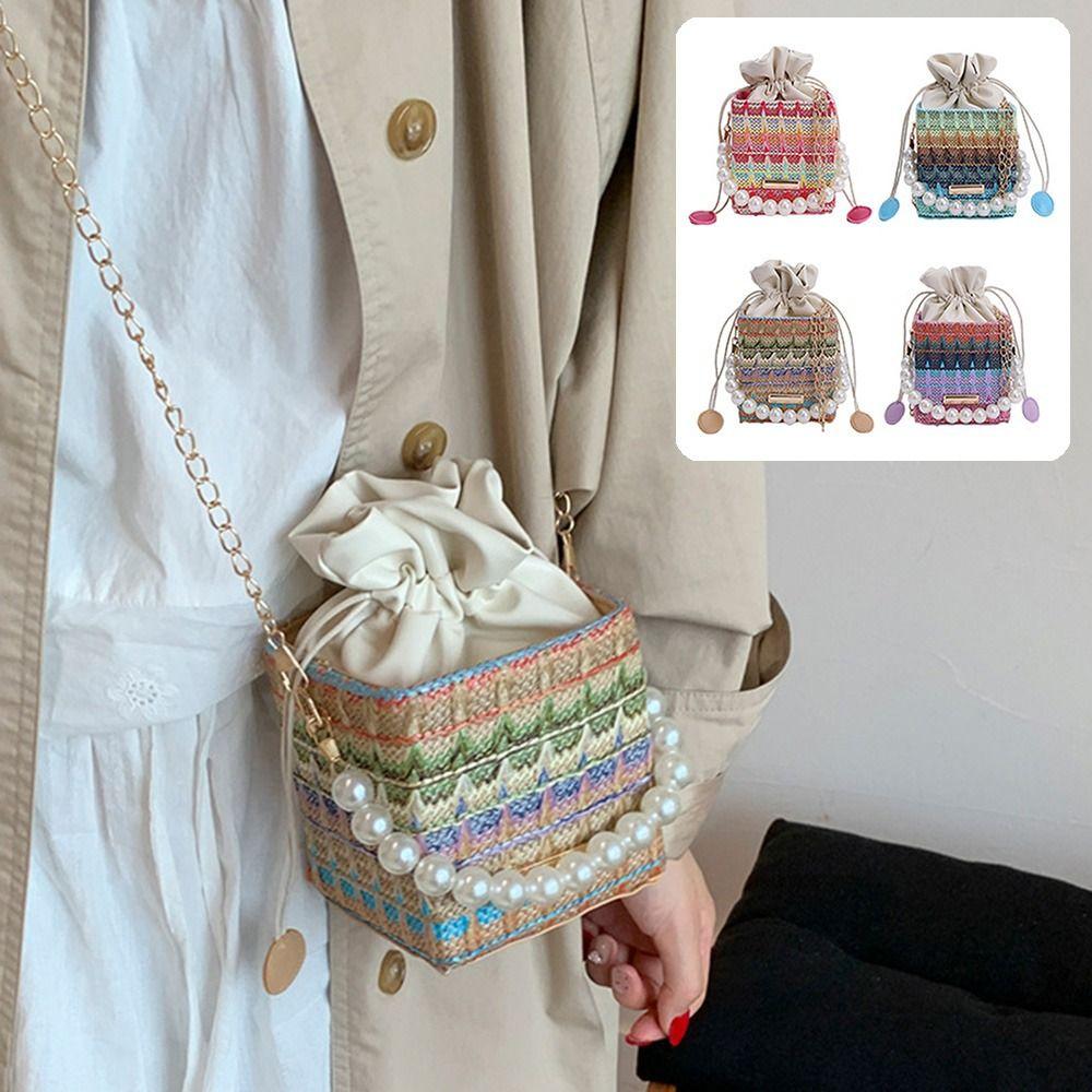 Elegant Straw Shoulder Bag Bohemian Women's Crossbody Bag Chain Messenger Box Bag  Vacation