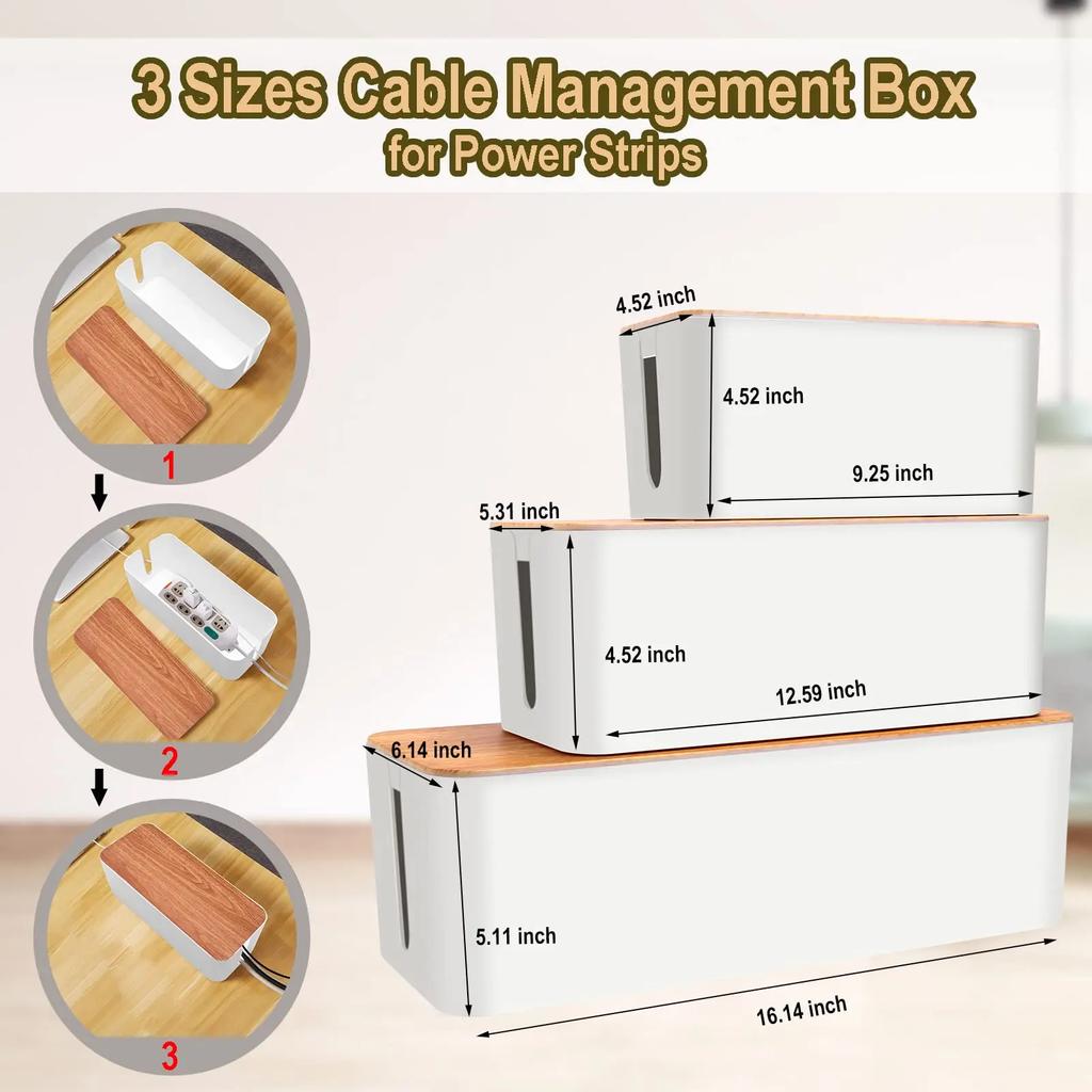 Cable Management Box, Cable Storage Box, Dustproof Wire Storage Box, Plastic Storage Box with Bamboo for TV Wires, USB Hub