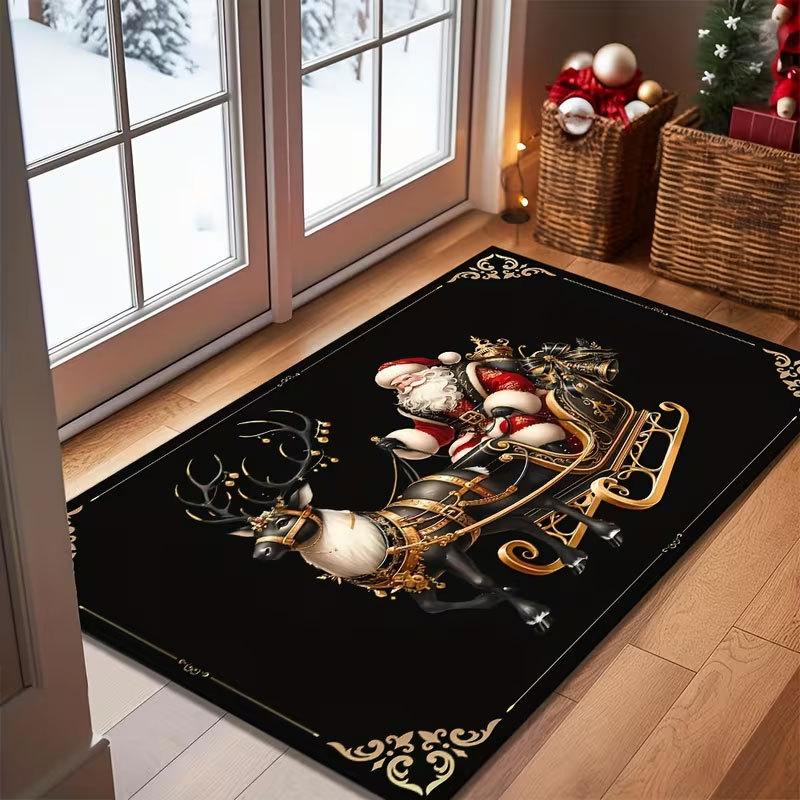 Merry Christmas Welcome Doormat Buffalo Plaid Santa Snowflake Non Slip Floor Mat For Indoor Entrance Xmas Home Decoration