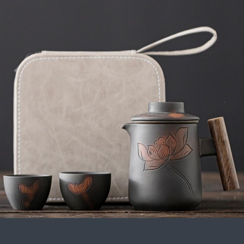 High-end Purple Pottery RetroTea Set Outdoor Travel Tea Set Portable Kungfu Tea Set Teapot Small Package Birthday Gift