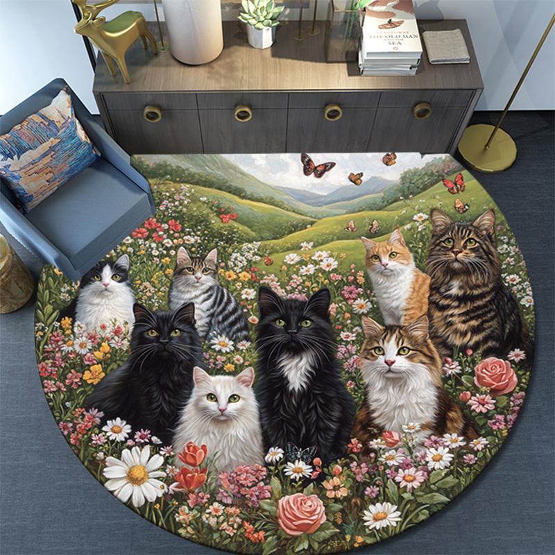 Cats In a Garden Round Area Rug,Carpet Rug for Living Room Bedroom Sofa Playroom Decor,Non-slip Floor Mat